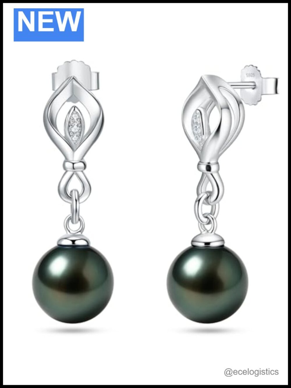 Tahitian Black Pearl Dangle Earrings, Sterling Silver, Moissanite, 9-11mm